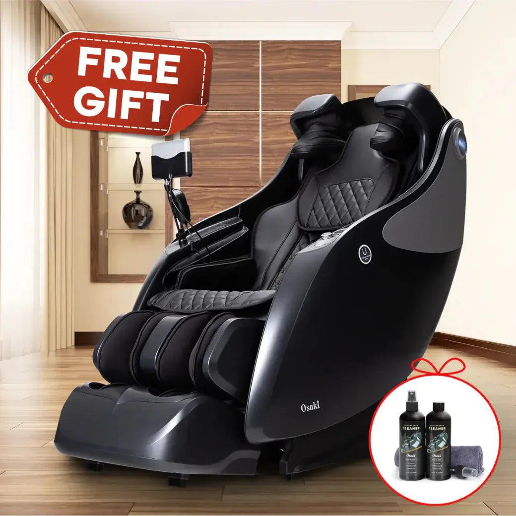Osaki OP-4D Master premium massage chair, front view, with a free gift offer on a wooden floor.