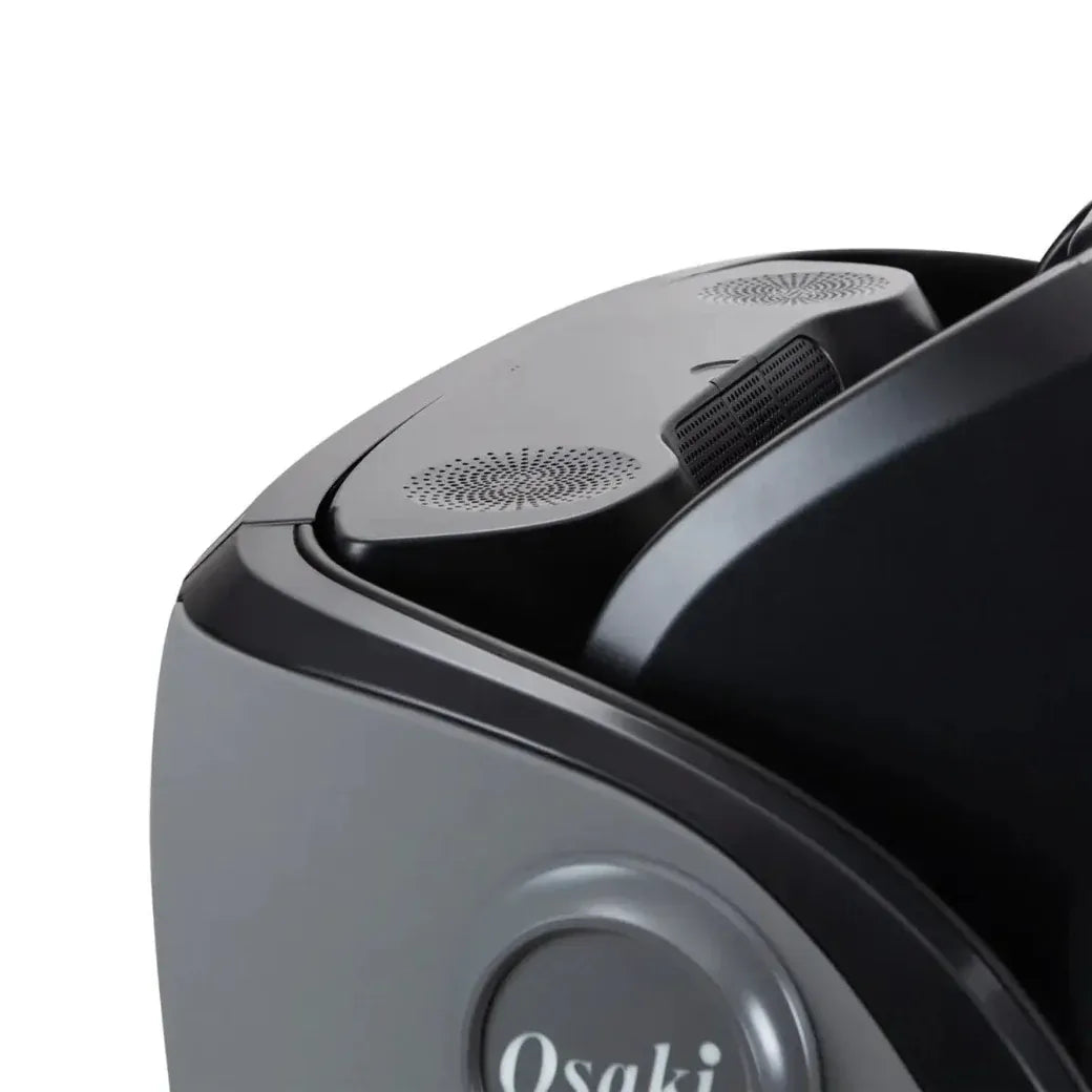 Close-up of a black and gray Osaki massage chair part on a white background