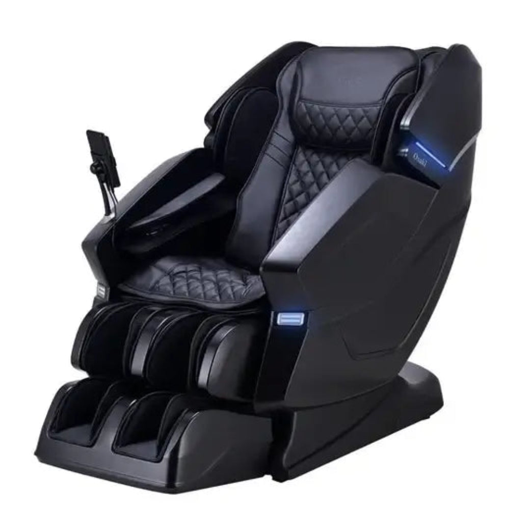 Black massage chair with quilted design on a white background