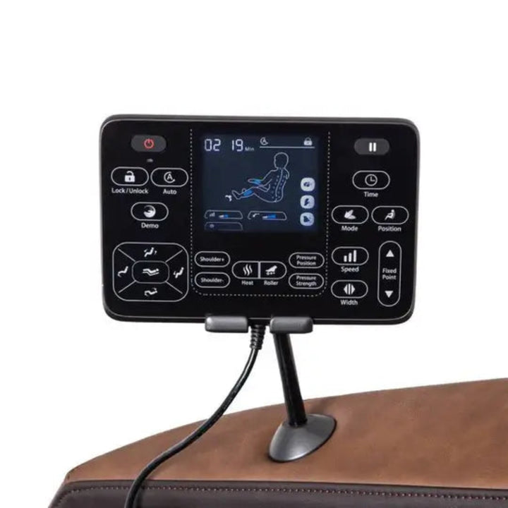 Control panel with digital display on a brown surface